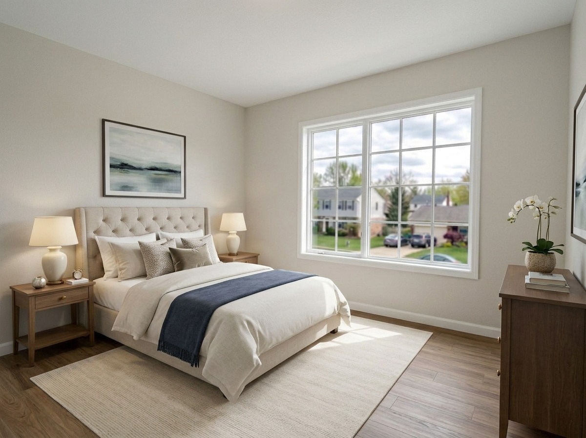 The same bedroom, leveled and staged transitional