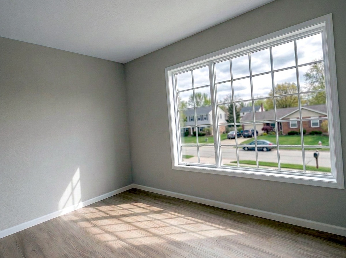 Empty bedroom, photo taken on a tilt, before staging