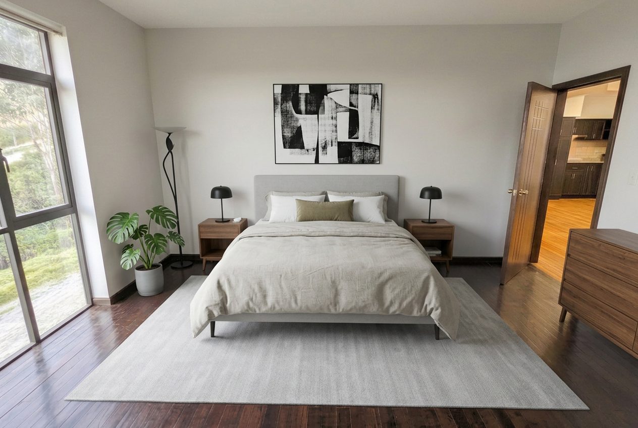 The same primary bedroom, virtually staged